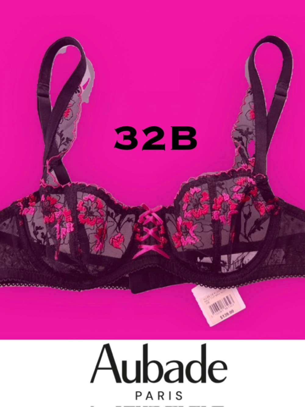 🎀Allée des Plaisirs Comfort Half-Cup Bra - Noir/Black Fuscia Pink NWT 32B Aubade